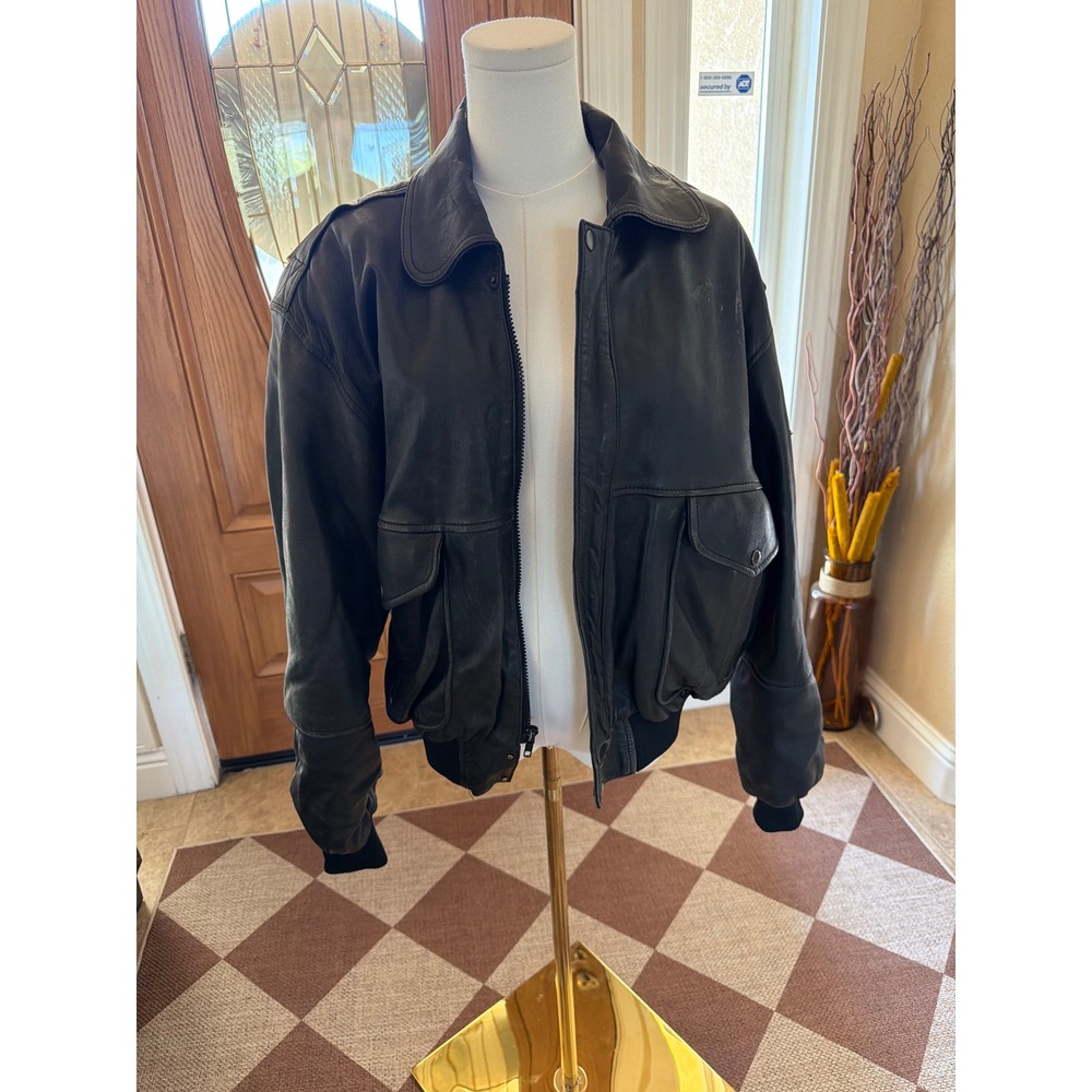 Vintage Black Leather Aviation Bomber Flight Jacket Map Lining Mens M L